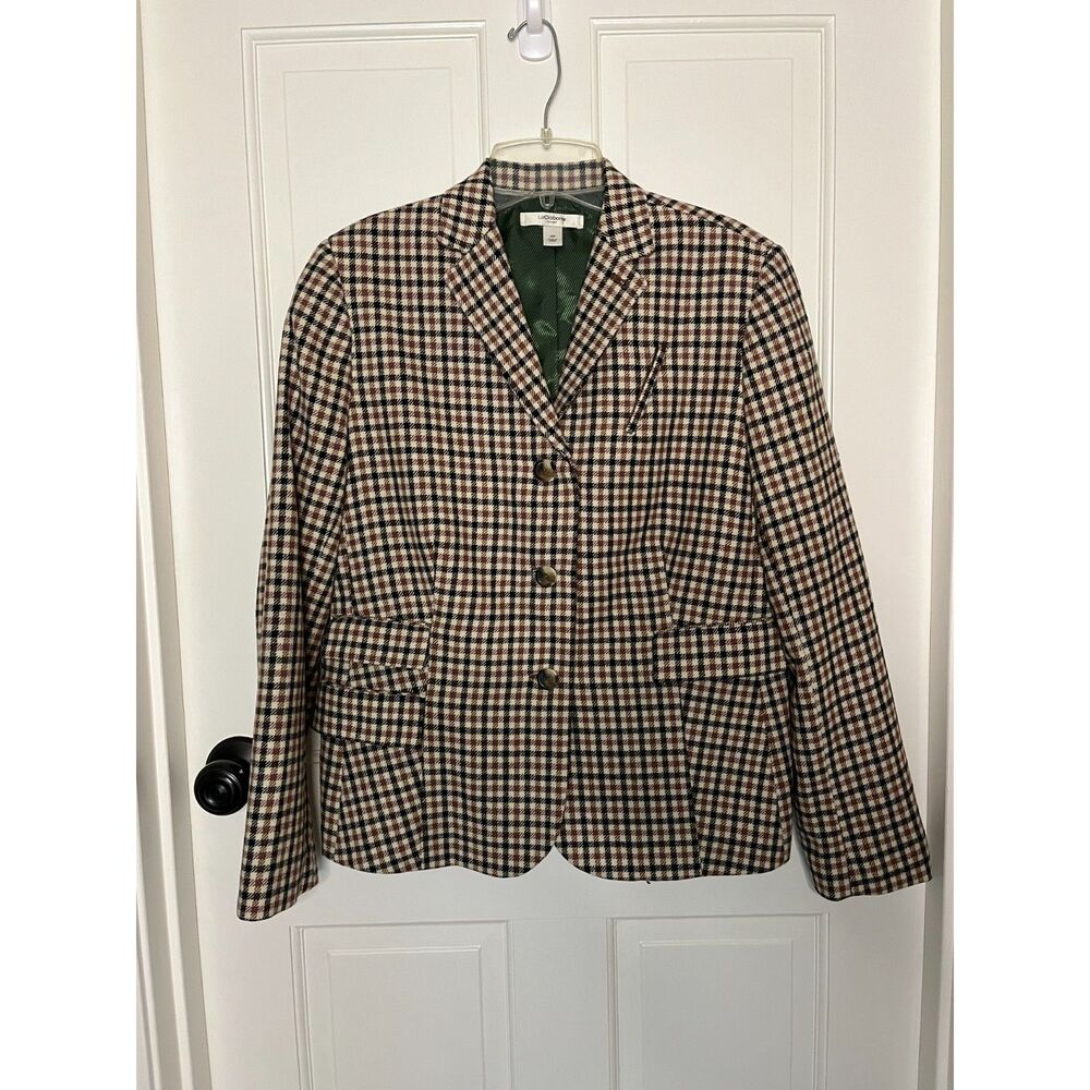 Vintage Liz Claiborne Womens 14P Plaid Wool Blend Blazer Brown Cream Preppy